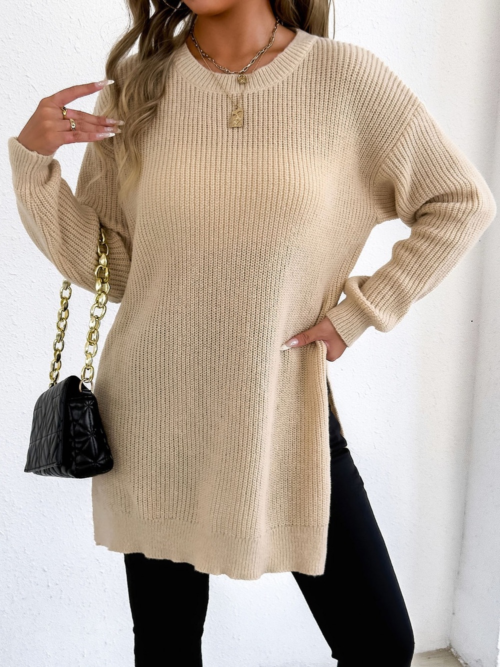 Side-Slit Dropped Shoulder Sweater - Picture 5 of 10